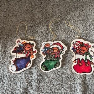LUCY & CO.  Set of 3 Small Flat Wood Ornaments-Teddy Bears in Christmas Stocking